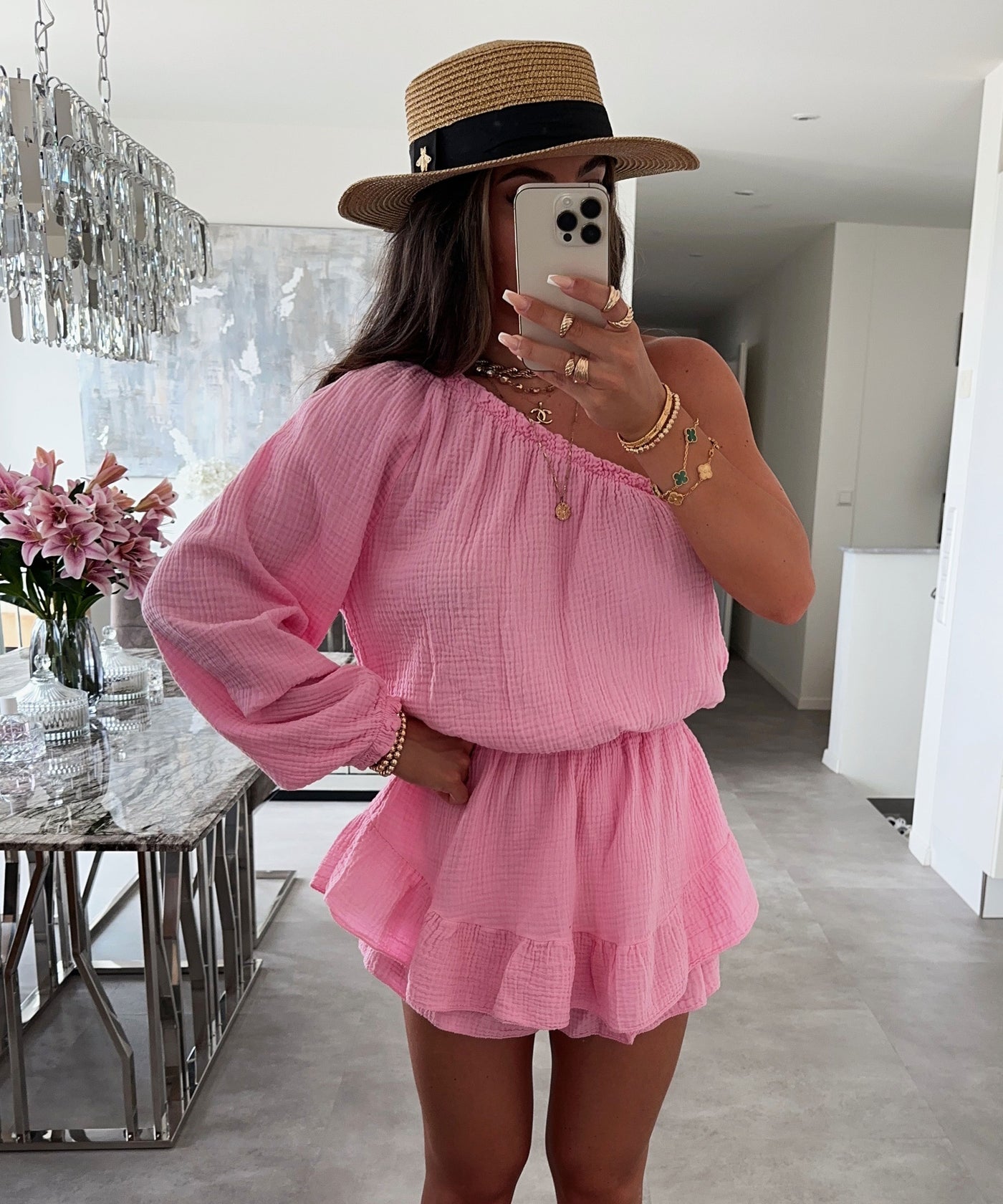 Musselin Jumpsuit Juan One Shoulder Hellpink  Ladypolitan ♡   