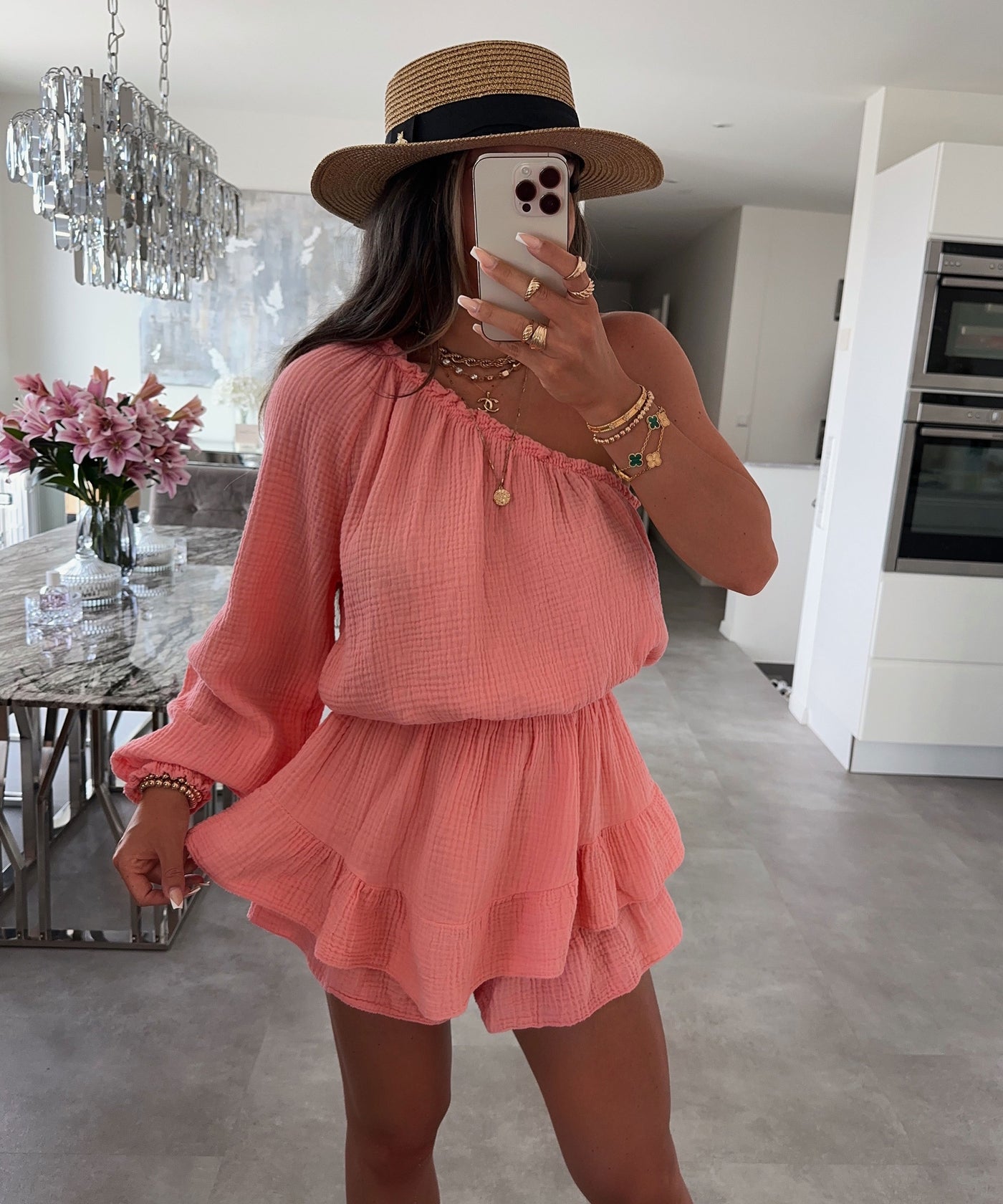 Musselin Jumpsuit Juan One Shoulder Peach  Ladypolitan ♡   
