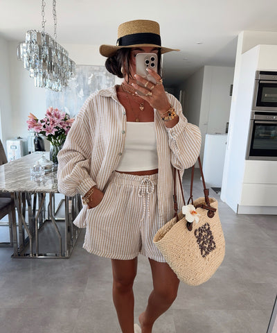 Musselin Shorts Laya Streifen Beige Ladypolitan ♡
