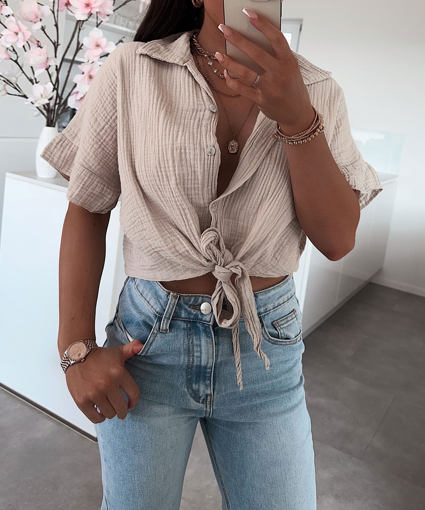 Musselin T-Shirt Knoten Beige  Ladypolitan ♡   