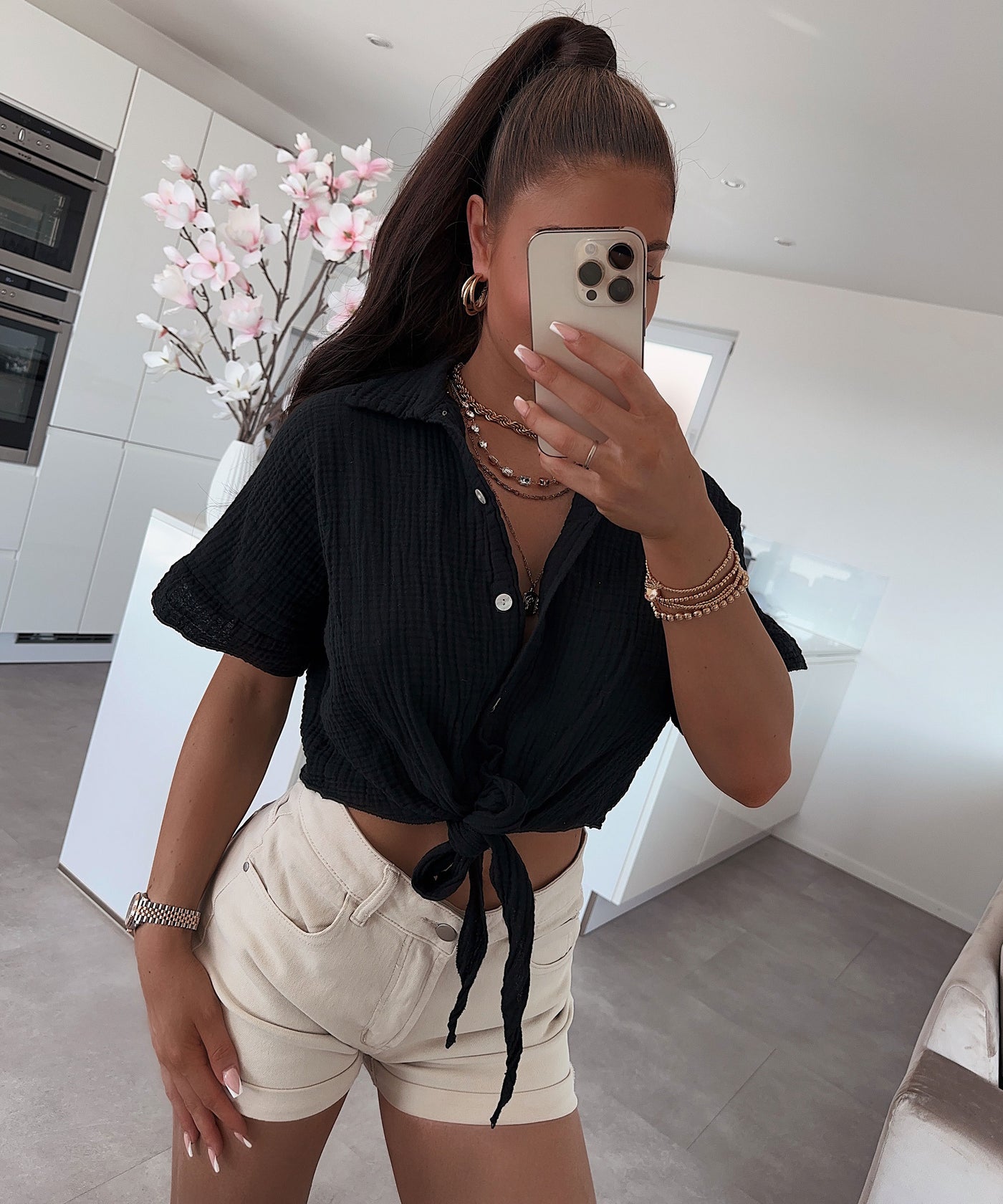 Musselin T-Shirt Knoten Schwarz  Ladypolitan ♡   