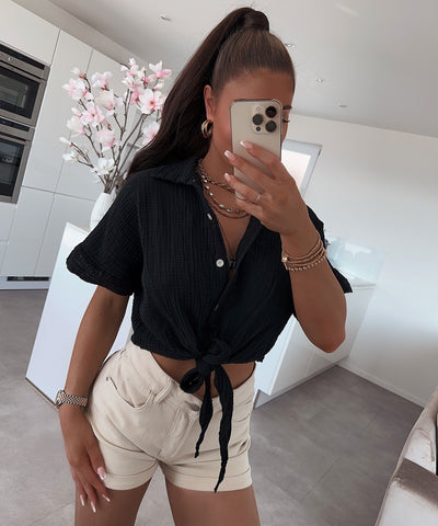 Musselin T-Shirt Knoten Schwarz  Ladypolitan ♡   