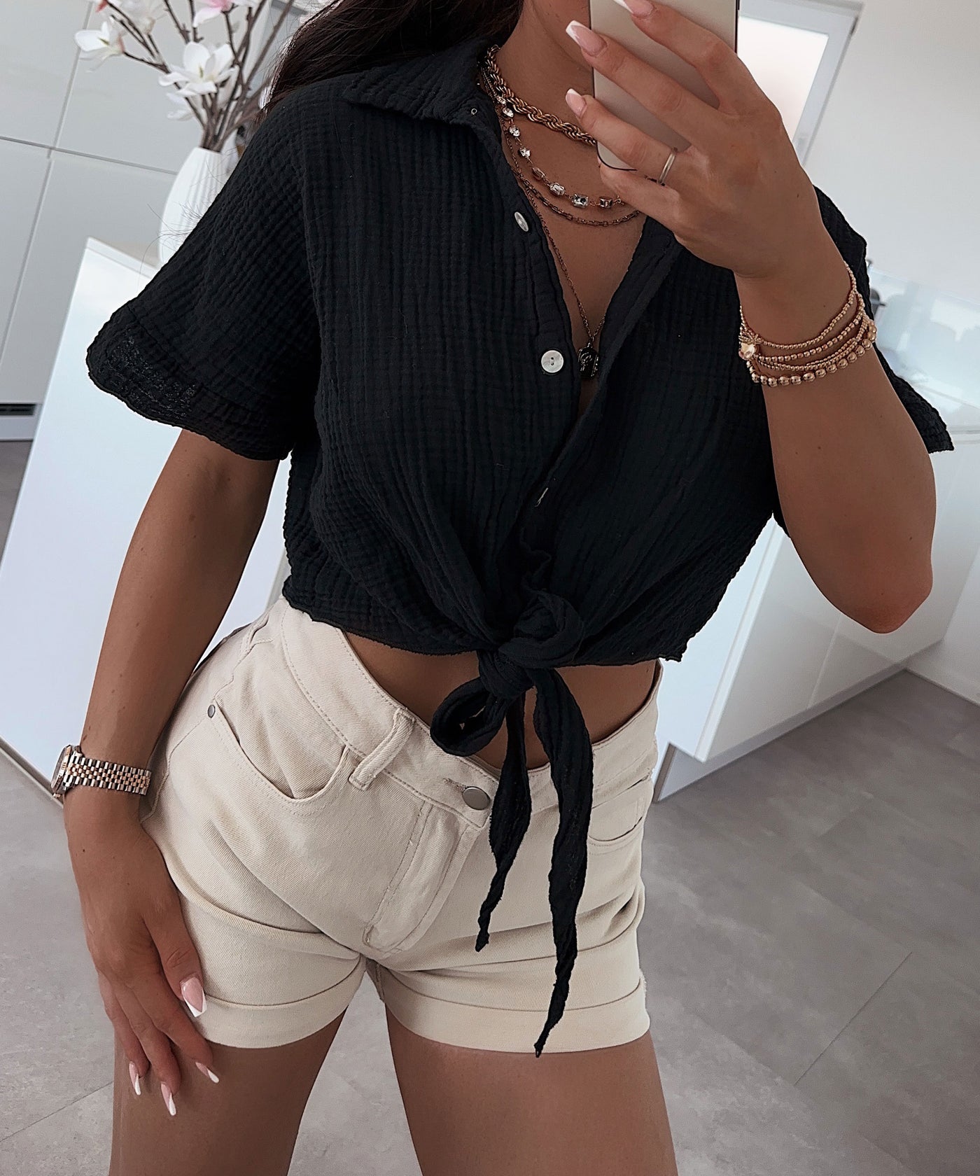 Musselin T-Shirt Knoten Schwarz  Ladypolitan ♡   
