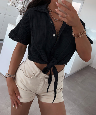 Musselin T-Shirt Knoten Schwarz  Ladypolitan ♡   