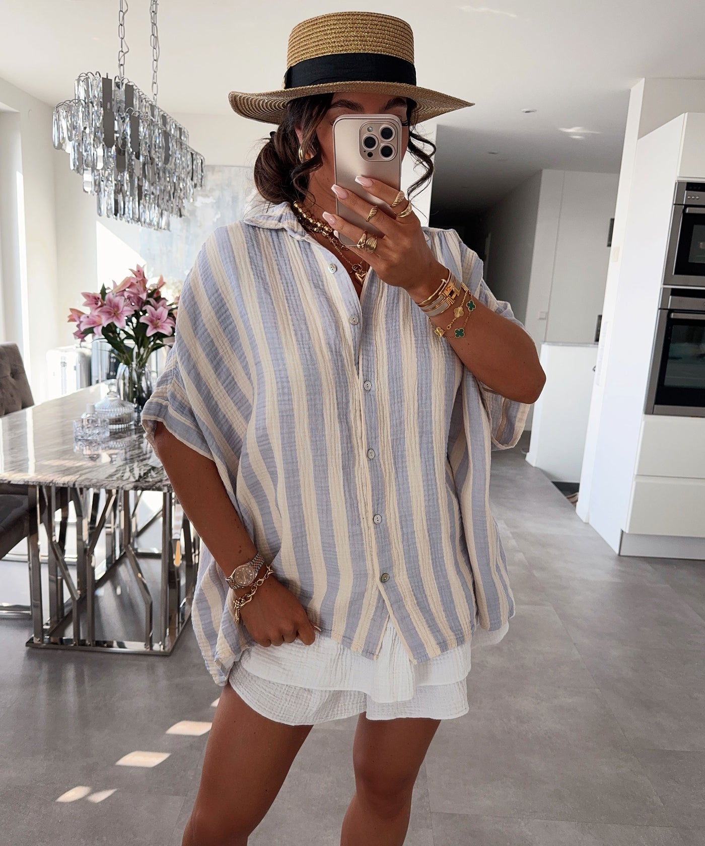 Oversize Musselin Kurzarmhemd Mala Streifen Blau Ladypolitan ♡