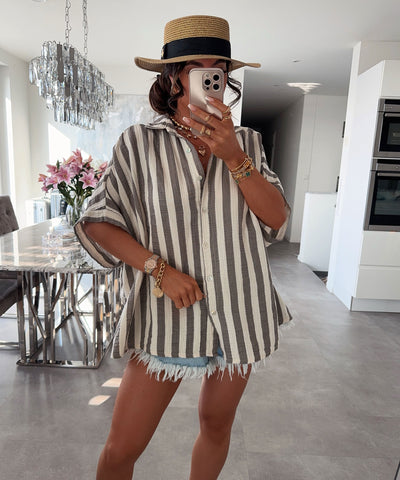 Oversize Musselin Kurzarmhemd Mala Streifen Taupe Ladypolitan ♡