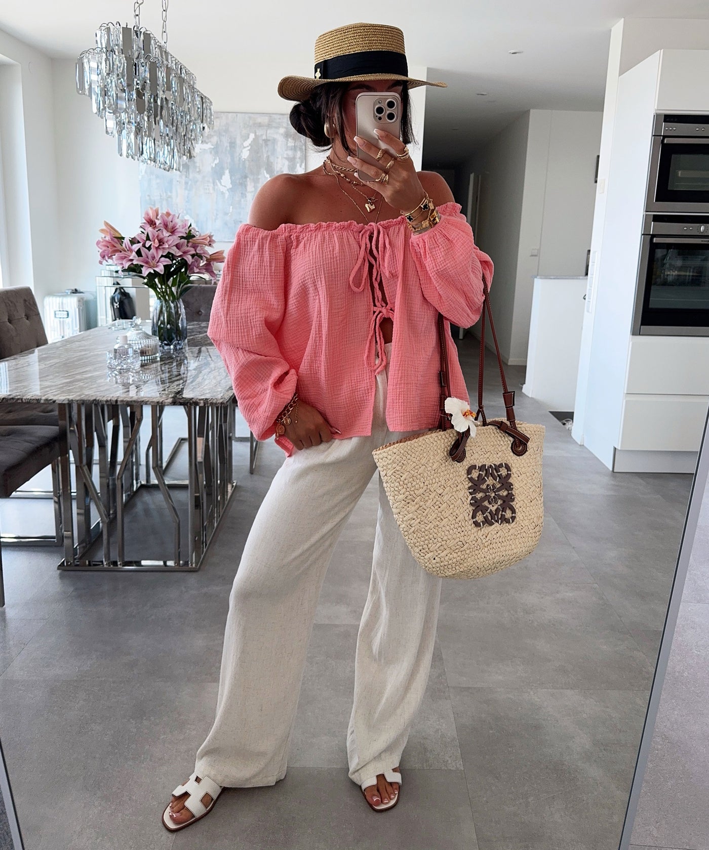 Schulterfreie Musselin Bluse Pita Peach Ladypolitan ♡