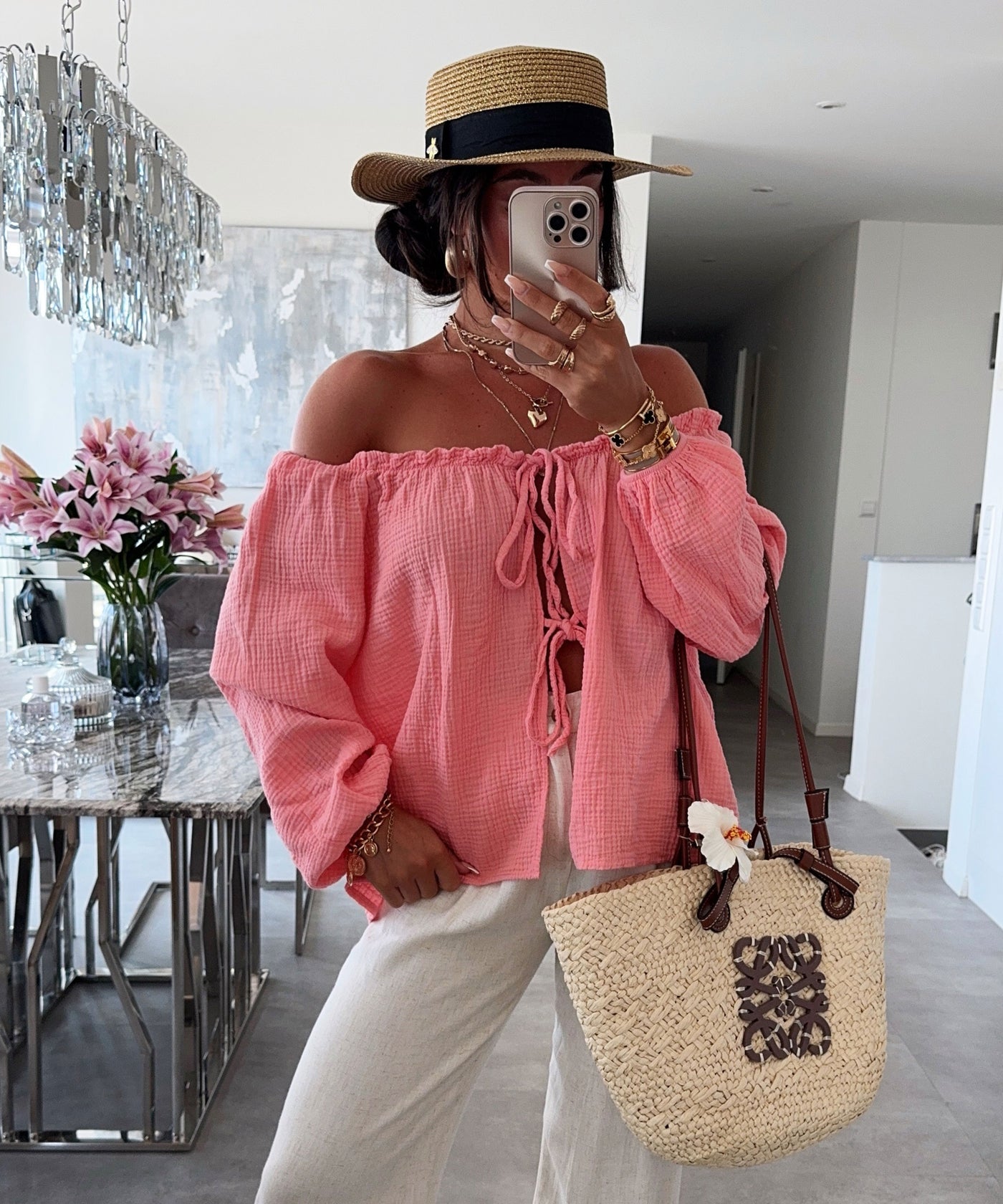 Schulterfreie Musselin Bluse Pita Peach Ladypolitan ♡