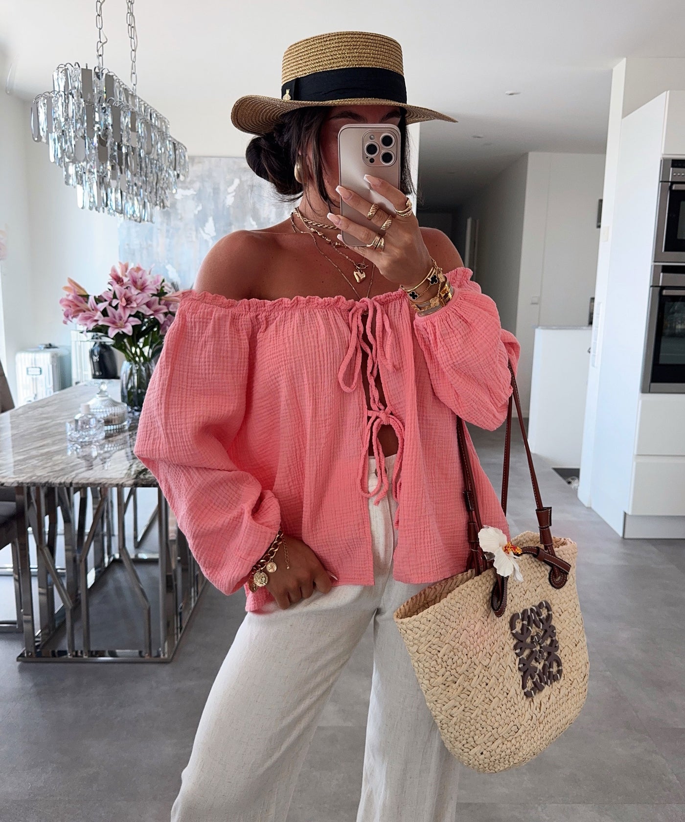 Schulterfreie Musselin Bluse Pita Peach Ladypolitan ♡