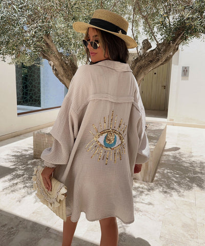 Ultra Oversize Musselin Bluse Glitzer Auge Beige  Ladypolitan ♡   