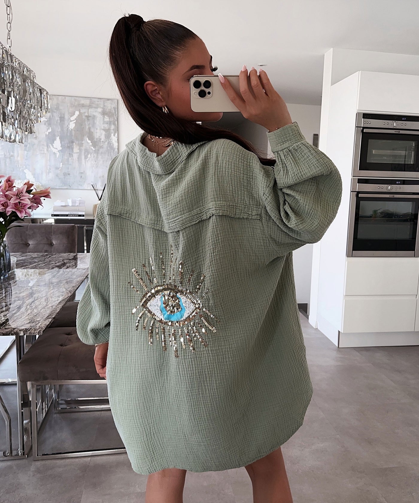 Ultra Oversize Musselin Bluse Glitzer Auge Khaki  Ladypolitan ♡   