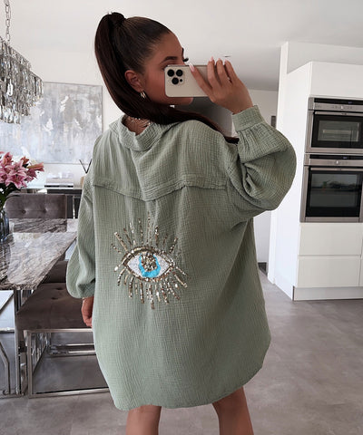 Ultra Oversize Musselin Bluse Glitzer Auge Khaki  Ladypolitan ♡   