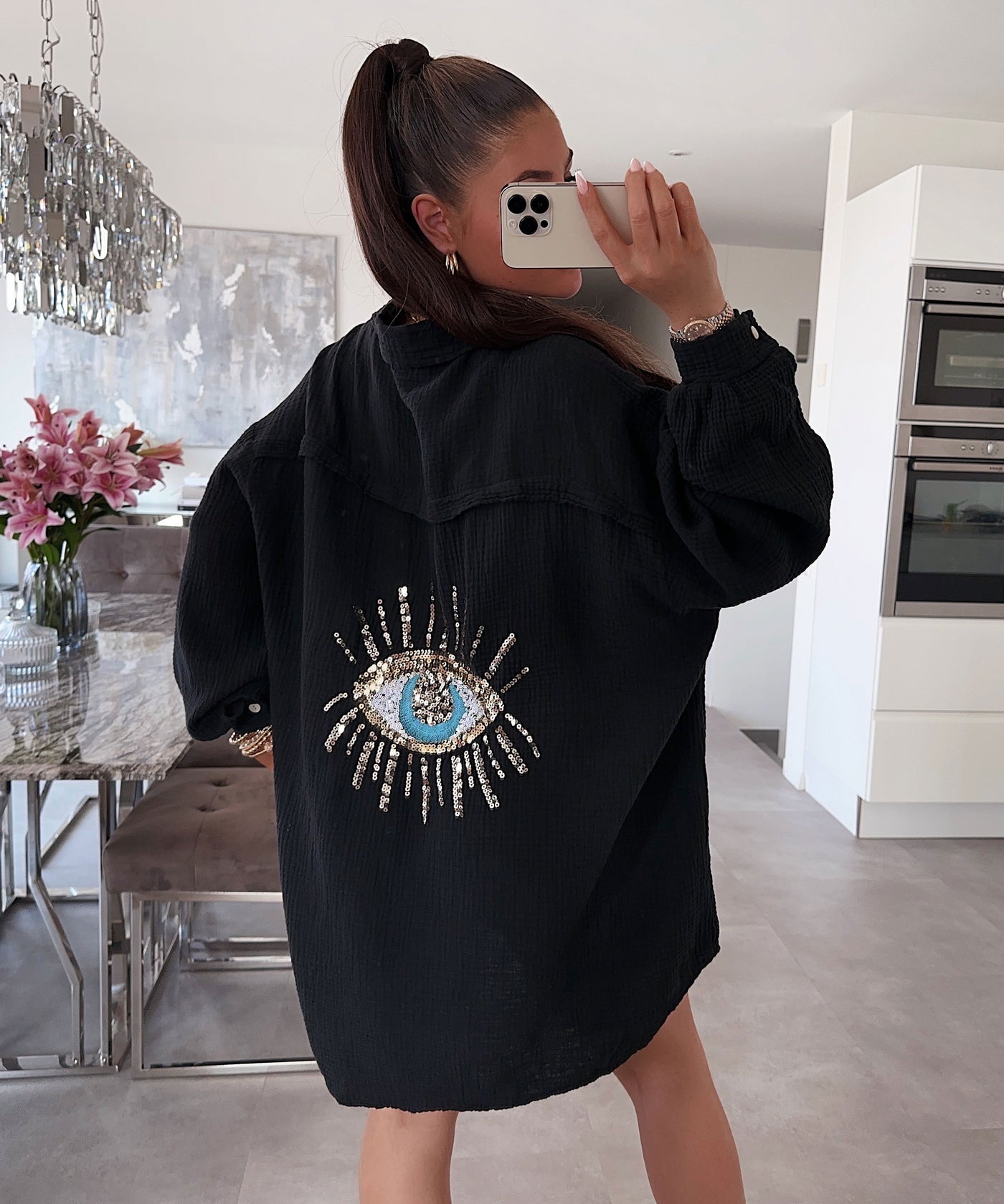 Ultra Oversize Musselin Bluse Glitzer Auge Schwarz  Ladypolitan ♡   