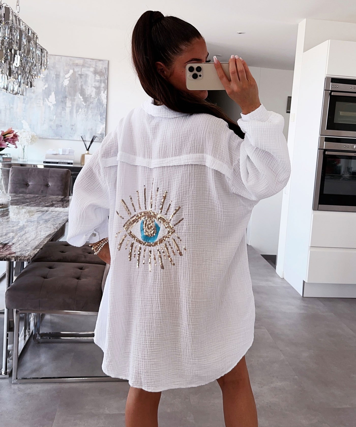 Ultra Oversize Musselin Bluse Glitzer Auge Weiß  Ladypolitan ♡   