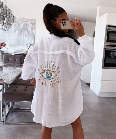 Ultra Oversize Musselin Bluse Glitzer Auge Weiß  Ladypolitan ♡   