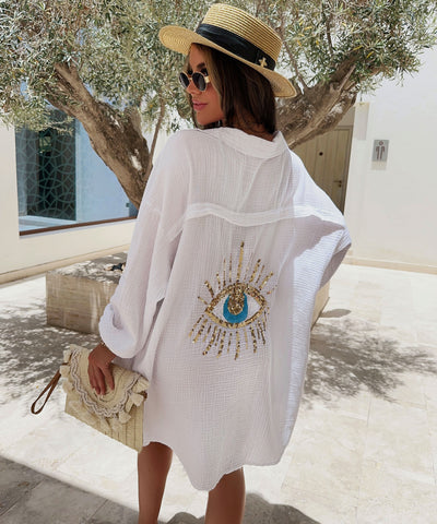 Ultra Oversize Musselin Bluse Glitzer Auge Weiß  Ladypolitan ♡   