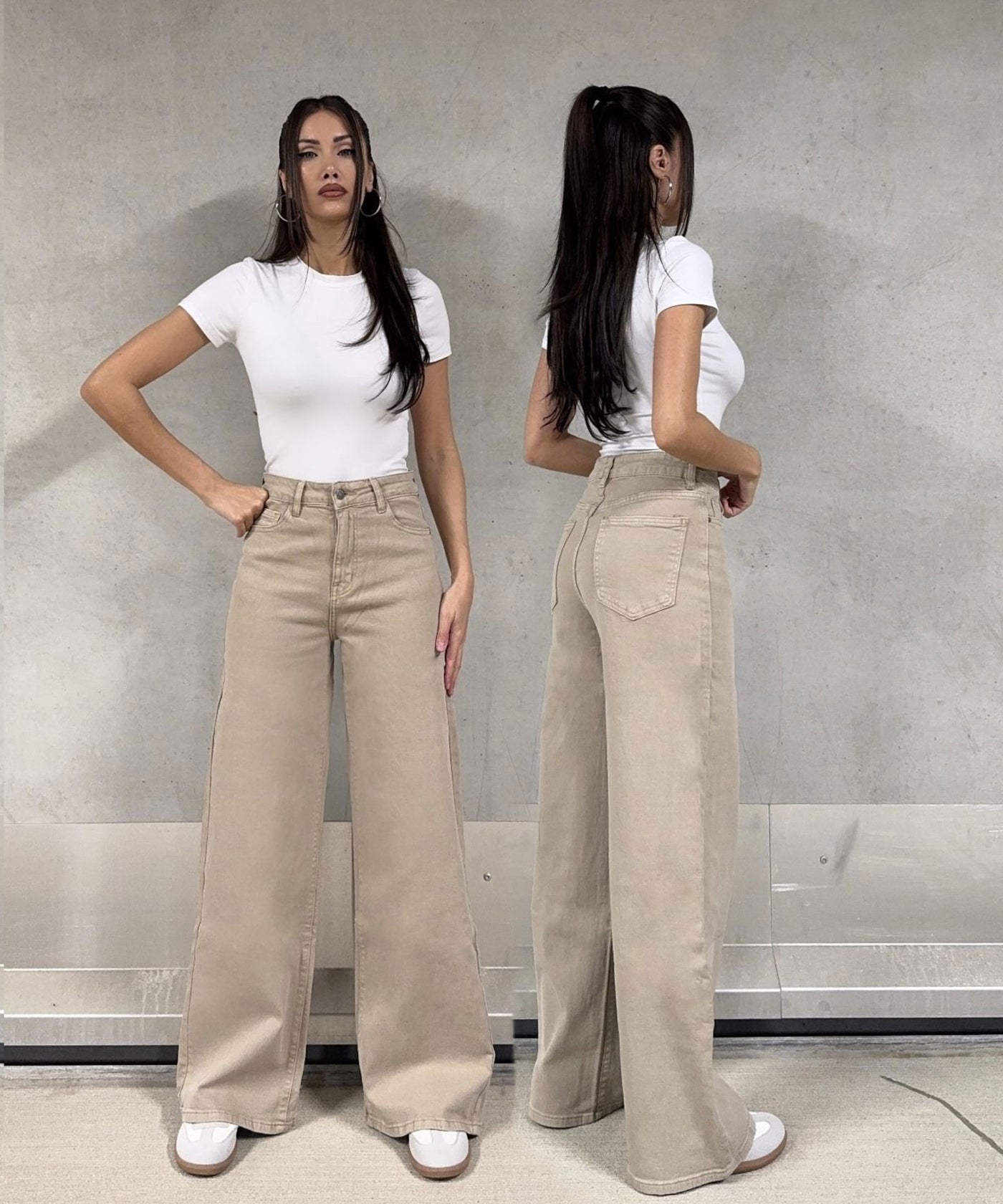 Stretch Wide Leg Jeans Mira Beige Ladypolitan ♡