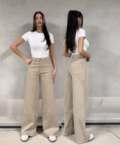 Stretch Wide Leg Jeans Mira Beige Ladypolitan ♡