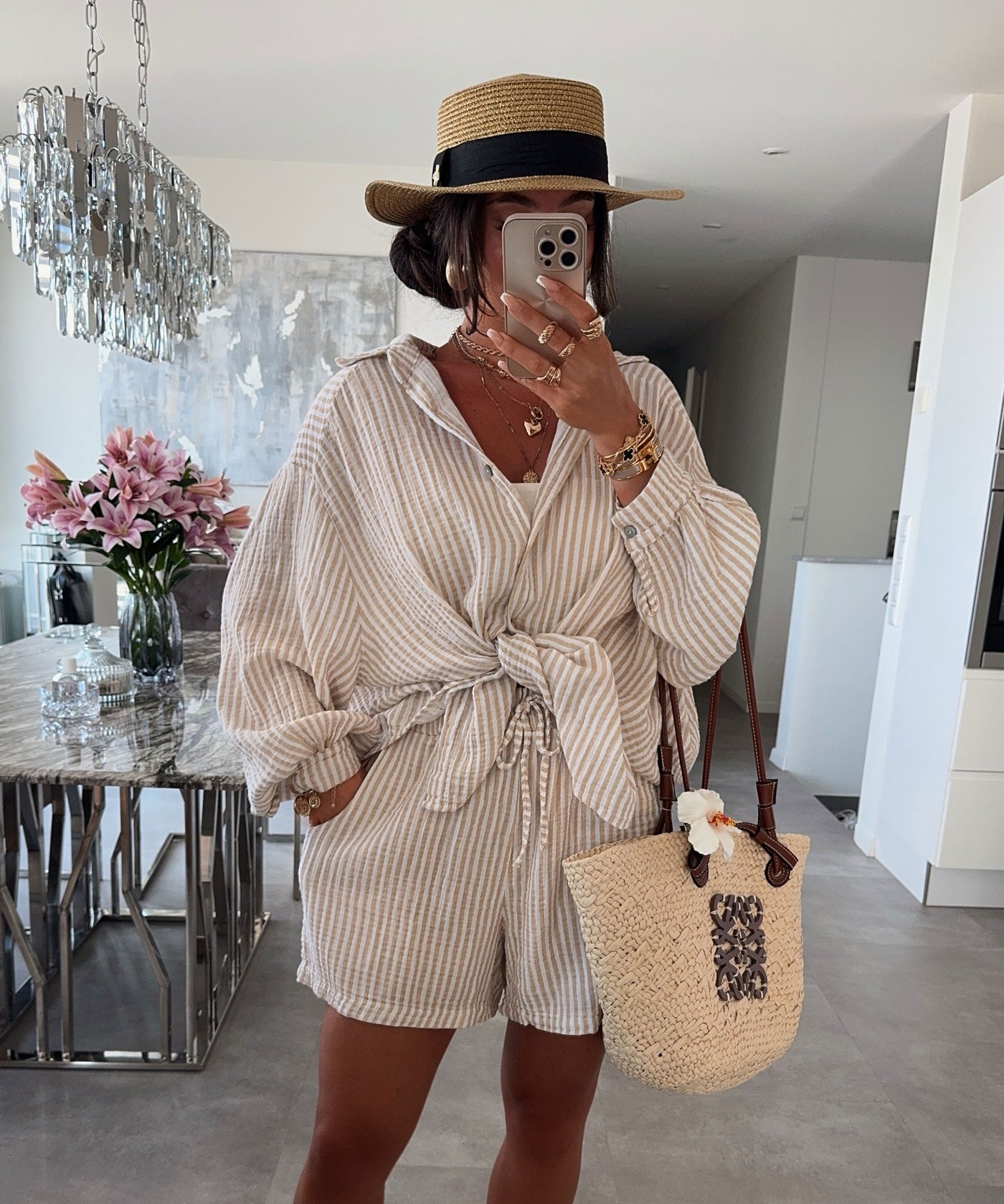 Musselin Shorts Laya Streifen Beige Ladypolitan ♡