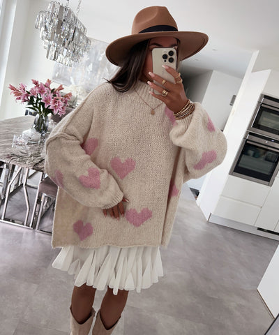 Oversize Pullover Nata Herz Beige Rosa  Ladypolitan ♡   