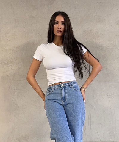 Stretch Mid Waist Wide Leg Jeans Zerra Blau Ladypolitan ♡
