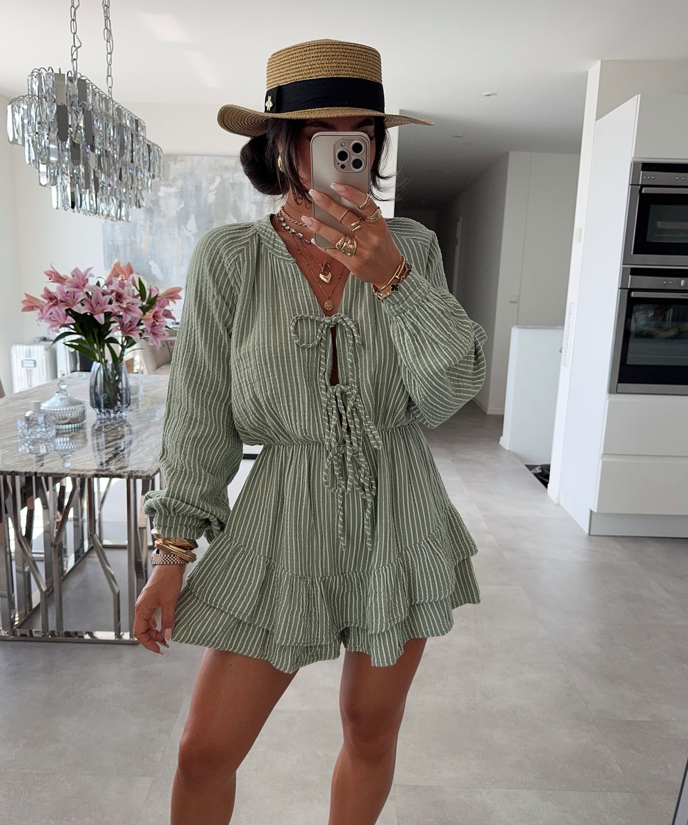 Musselin Jumpsuit Juan Schleife Streifen Khaki Ladypolitan ♡