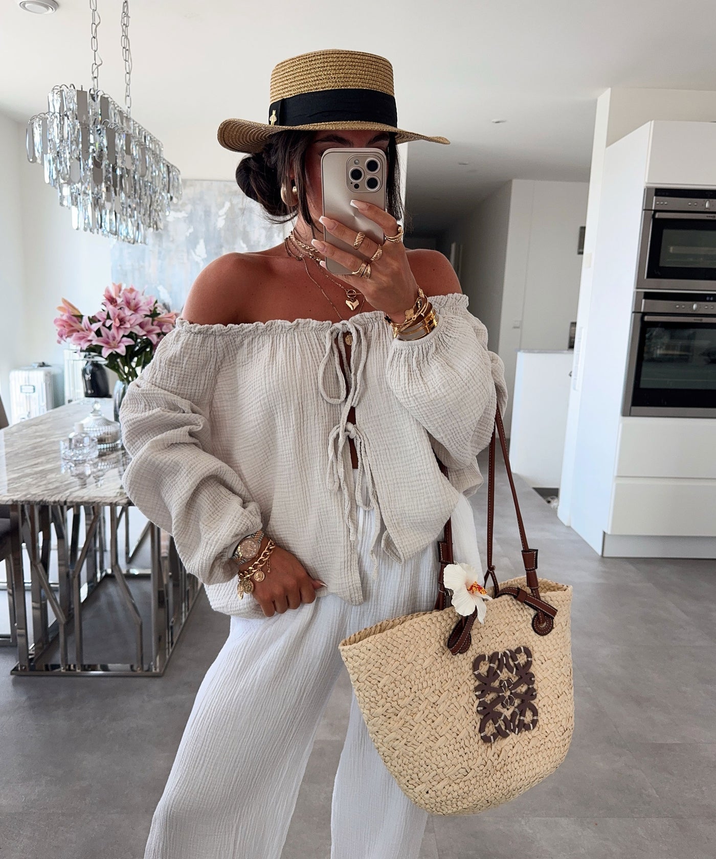 Schulterfreie Musselin Bluse Pita Beige Ladypolitan ♡