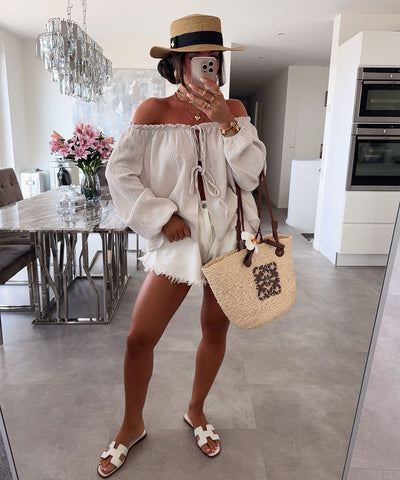 Schulterfreie Musselin Bluse Pita Beige Ladypolitan ♡