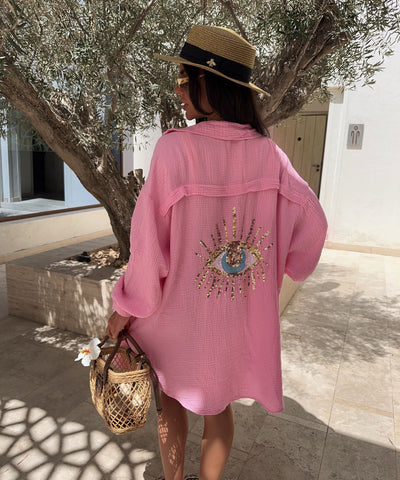 Ultra Oversize Musselin Bluse Glitzer Auge Hellpink Ladypolitan ♡
