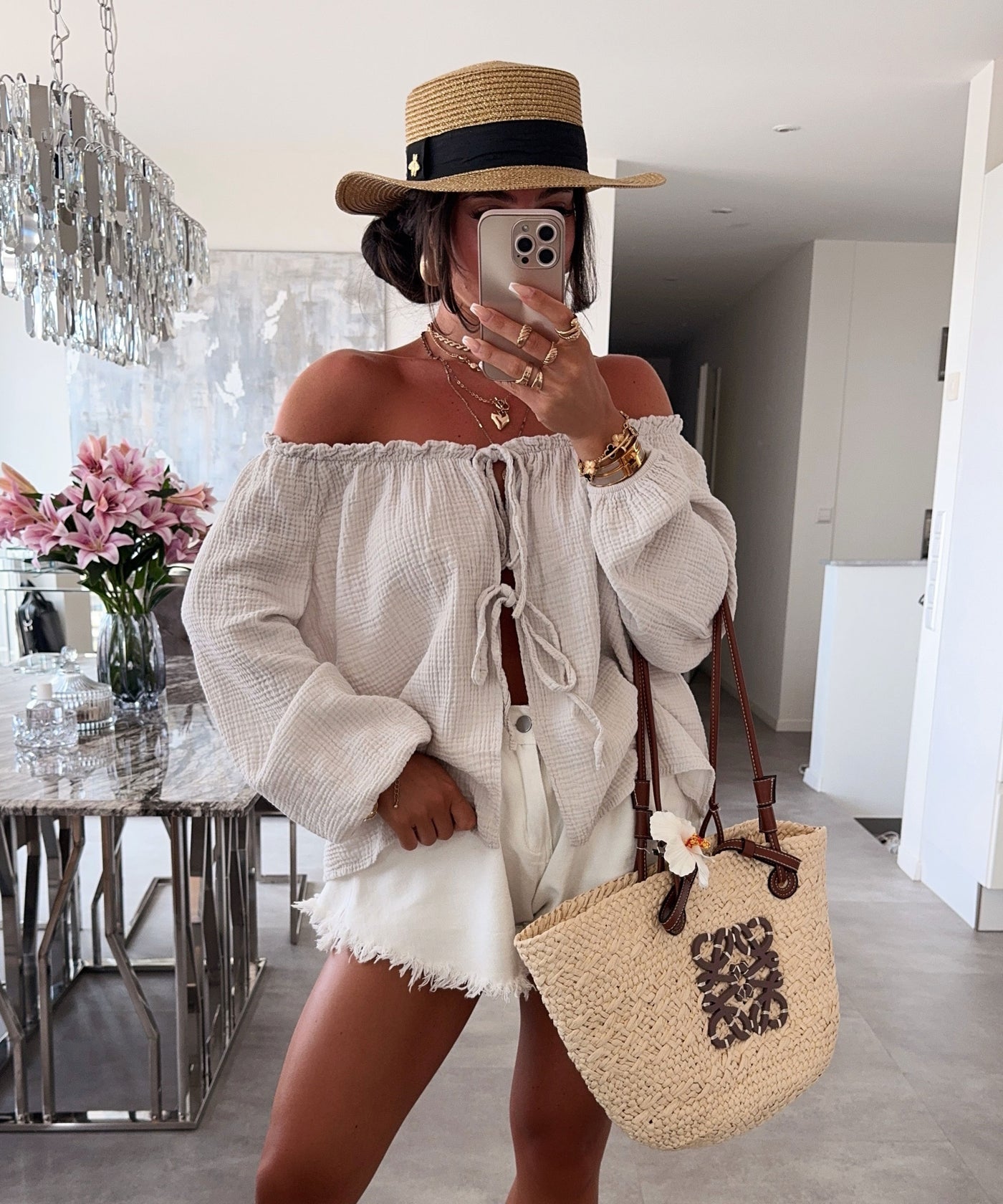 Schulterfreie Musselin Bluse Pita Beige Ladypolitan ♡