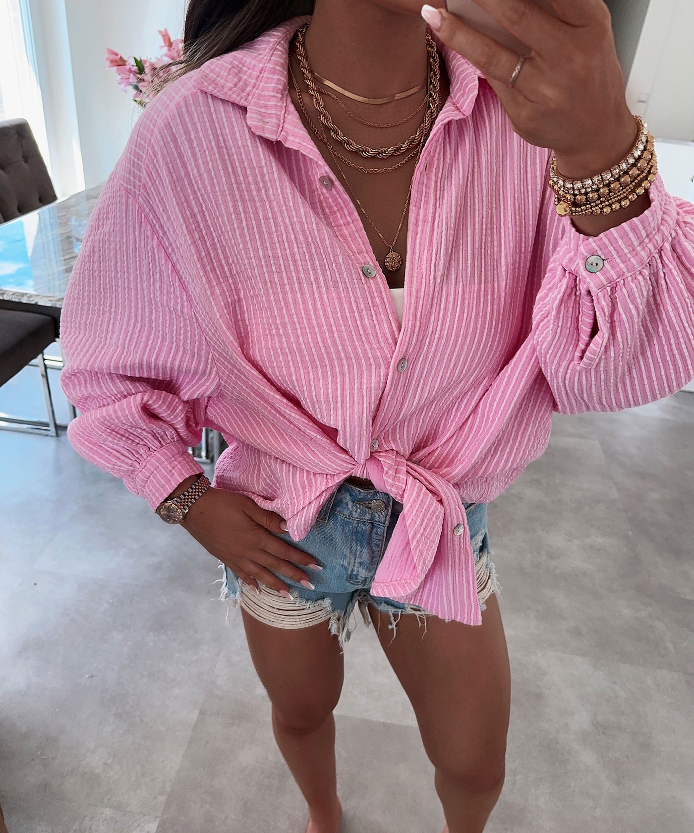Oversize muslin blouse stripes light pink