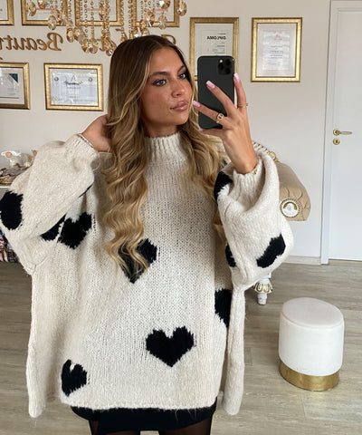 Oversize Pullover Nata Herz Beige Schwarz Ladypolitan ♡