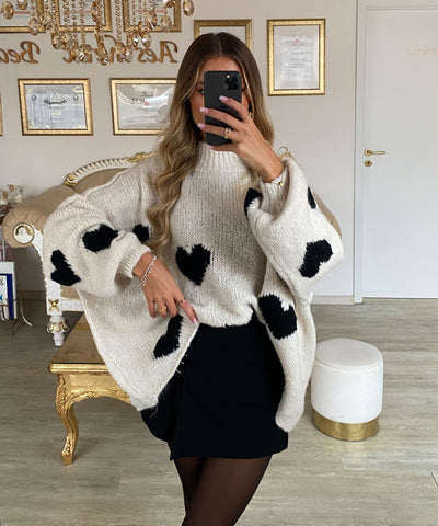 Oversize Pullover Nata Herz Beige Schwarz Ladypolitan ♡