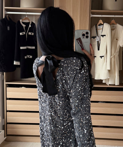 Pailletten Kleid Nessa Schleife Silber
