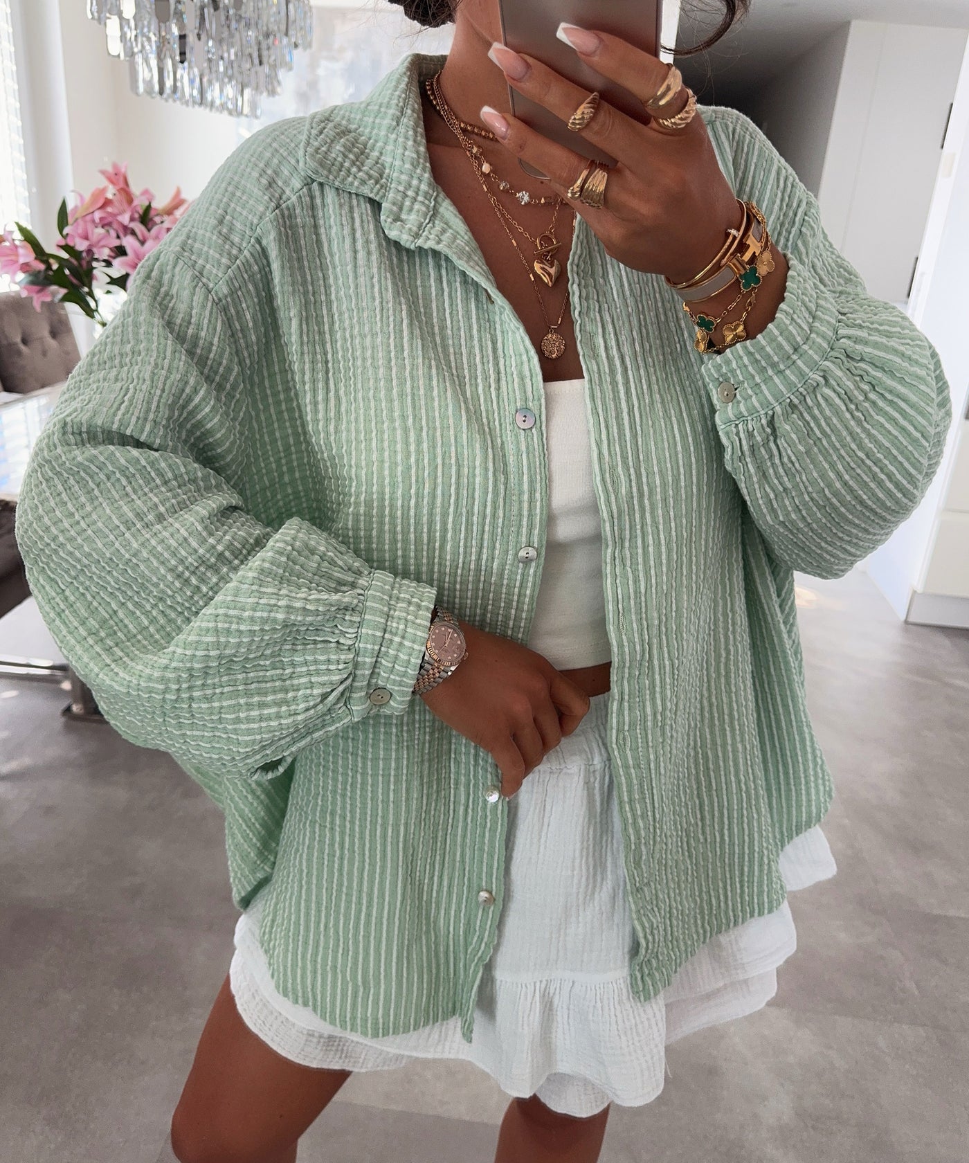 Oversize Musselin Bluse Streifen Mintgrün Ladypolitan ♡