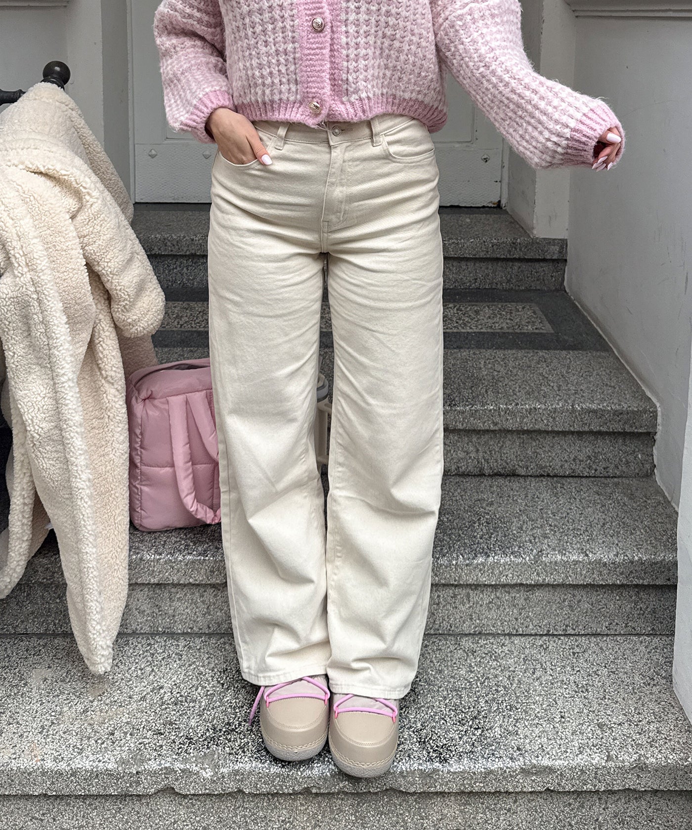 Stretch Wide Leg Jeans Rina Beige Ladypolitan ♡