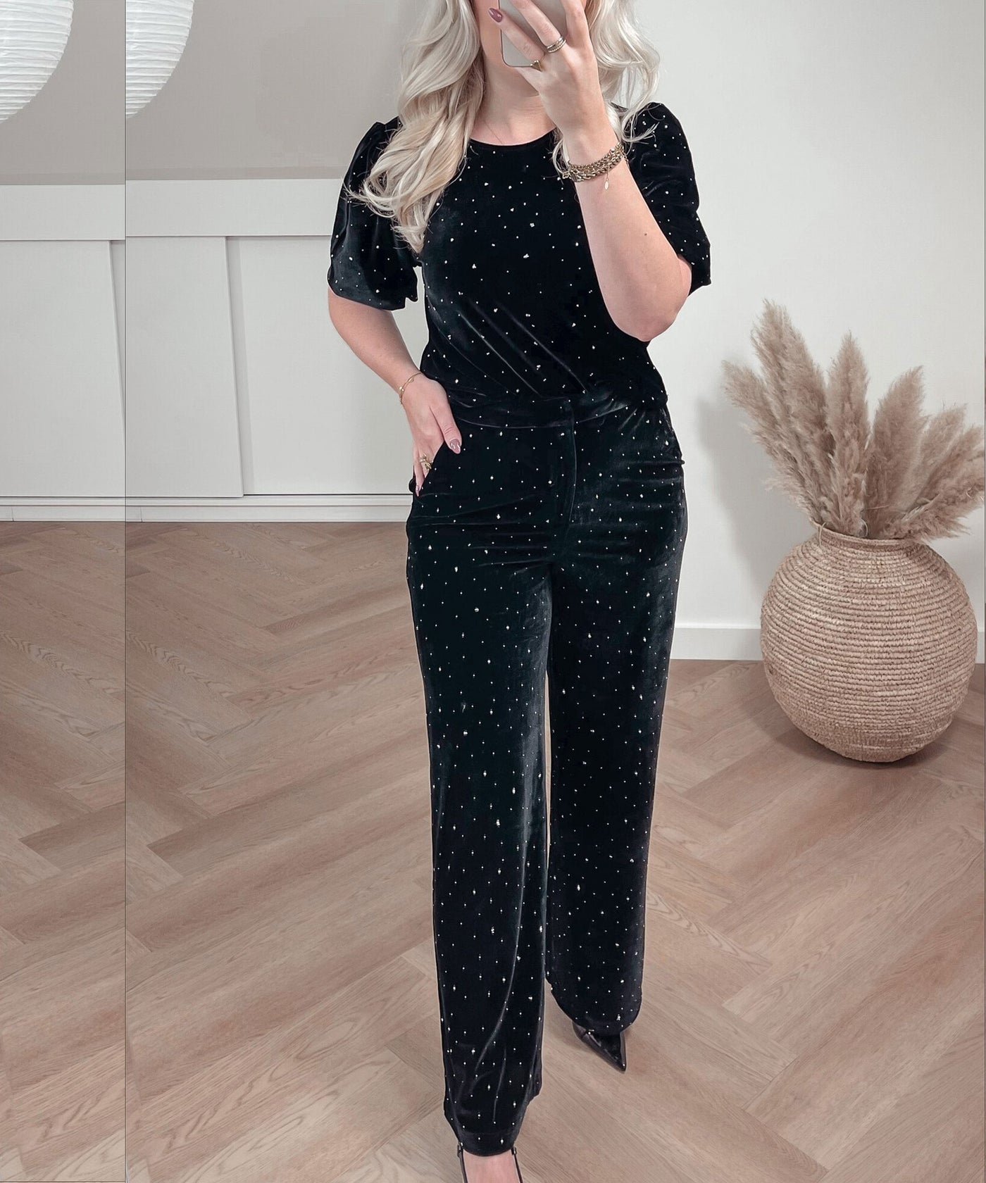 Samt Hose Pola mit Strass Schwarz