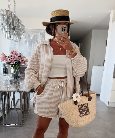 Musselin Shorts Laya Streifen Beige Ladypolitan ♡