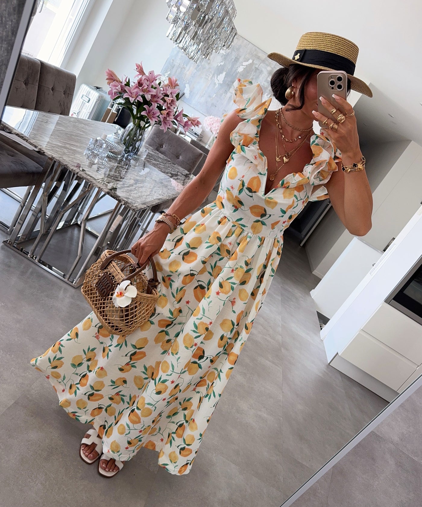 Baumwoll-Leinen-Kleid Amalia Zitrone Weiß Ladypolitan ♡