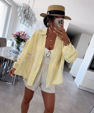 Musselin Bluse Palme Lune Gelb Ladypolitan ♡