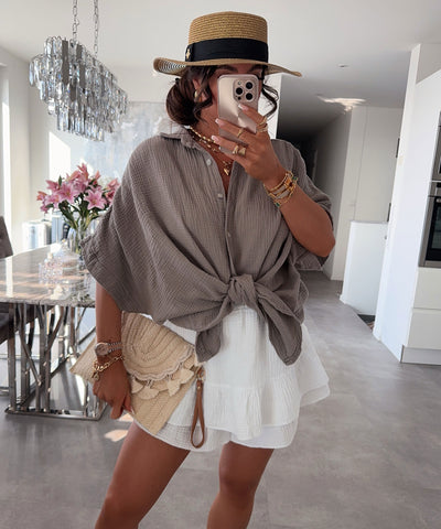 Oversize Musselin Kurzarmhemd Romy Taupe Ladypolitan ♡