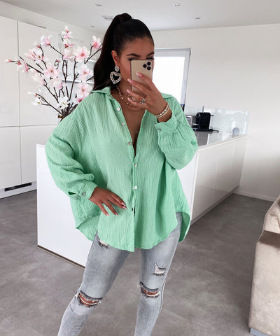 Oversize Musselin Bluse Freya Hellgrün Kurz  Ladypolitan - Fashion Onlineshop für Damen   