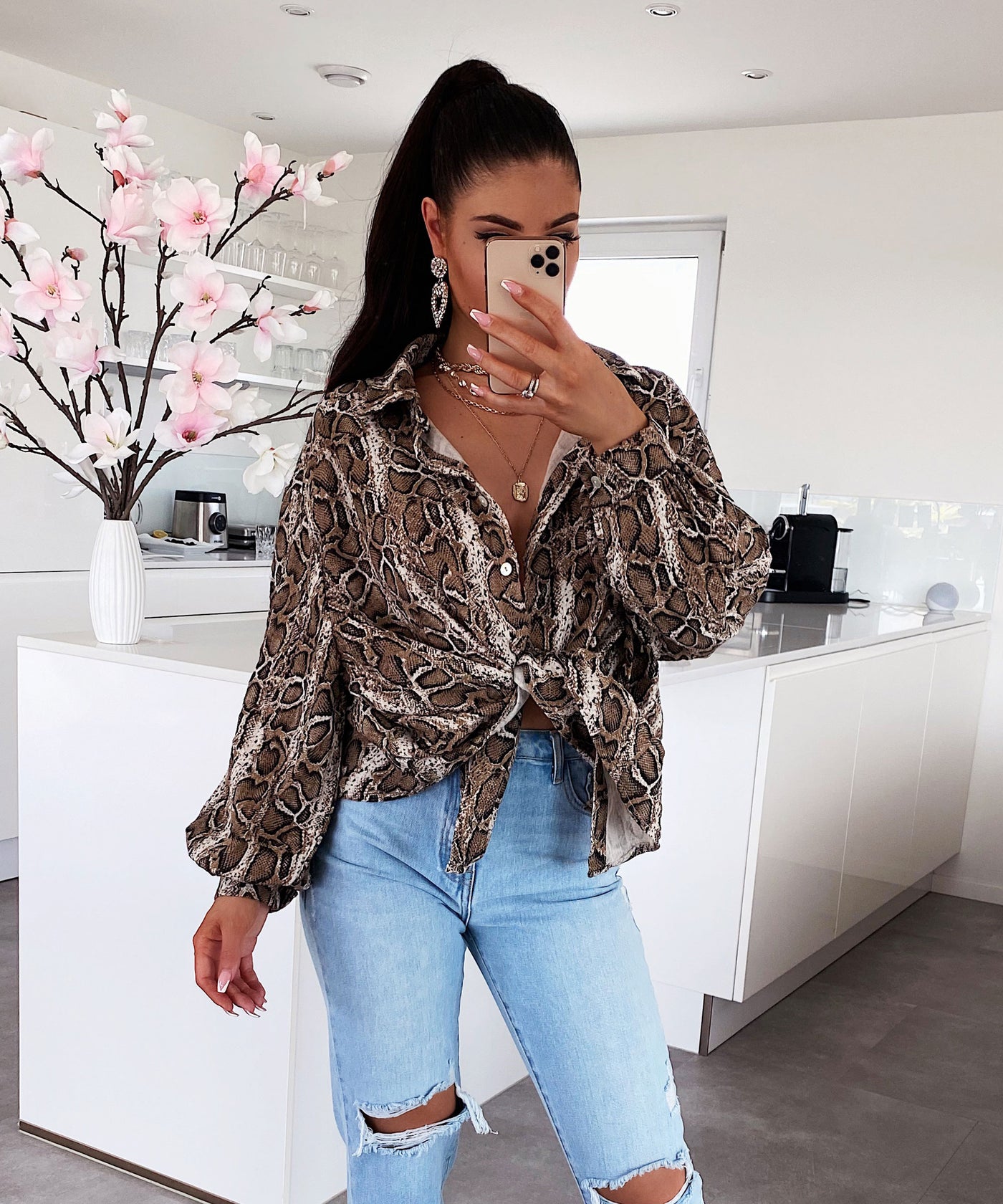 Oversized muslin blouse with snake print