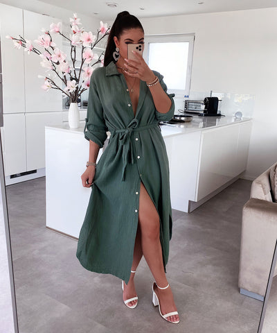 Musselin Kleid Elena Lang Khaki  Ladypolitan ♡   