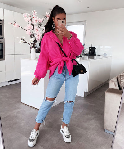 Oversize Musselin Bluse Freya Fuchsia Pink Kurz  Ladypolitan - Fashion Onlineshop für Damen   