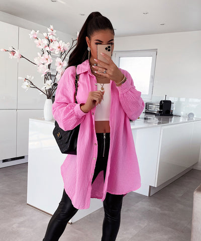 Oversize Musselin Bluse Freya Hellpink Lang  Ladypolitan - Fashion Onlineshop für Damen   