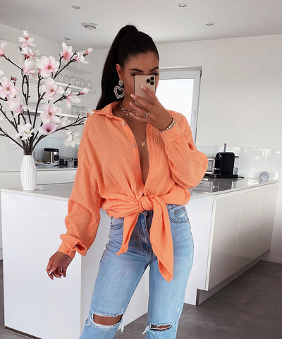 Oversize Musselin Bluse Freya Pastel Orange Lang  Ladypolitan - Fashion Onlineshop für Damen   