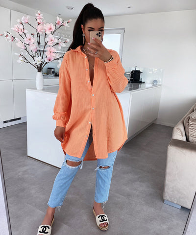 Oversize Musselin Bluse Freya Pastel Orange Lang  Ladypolitan - Fashion Onlineshop für Damen   