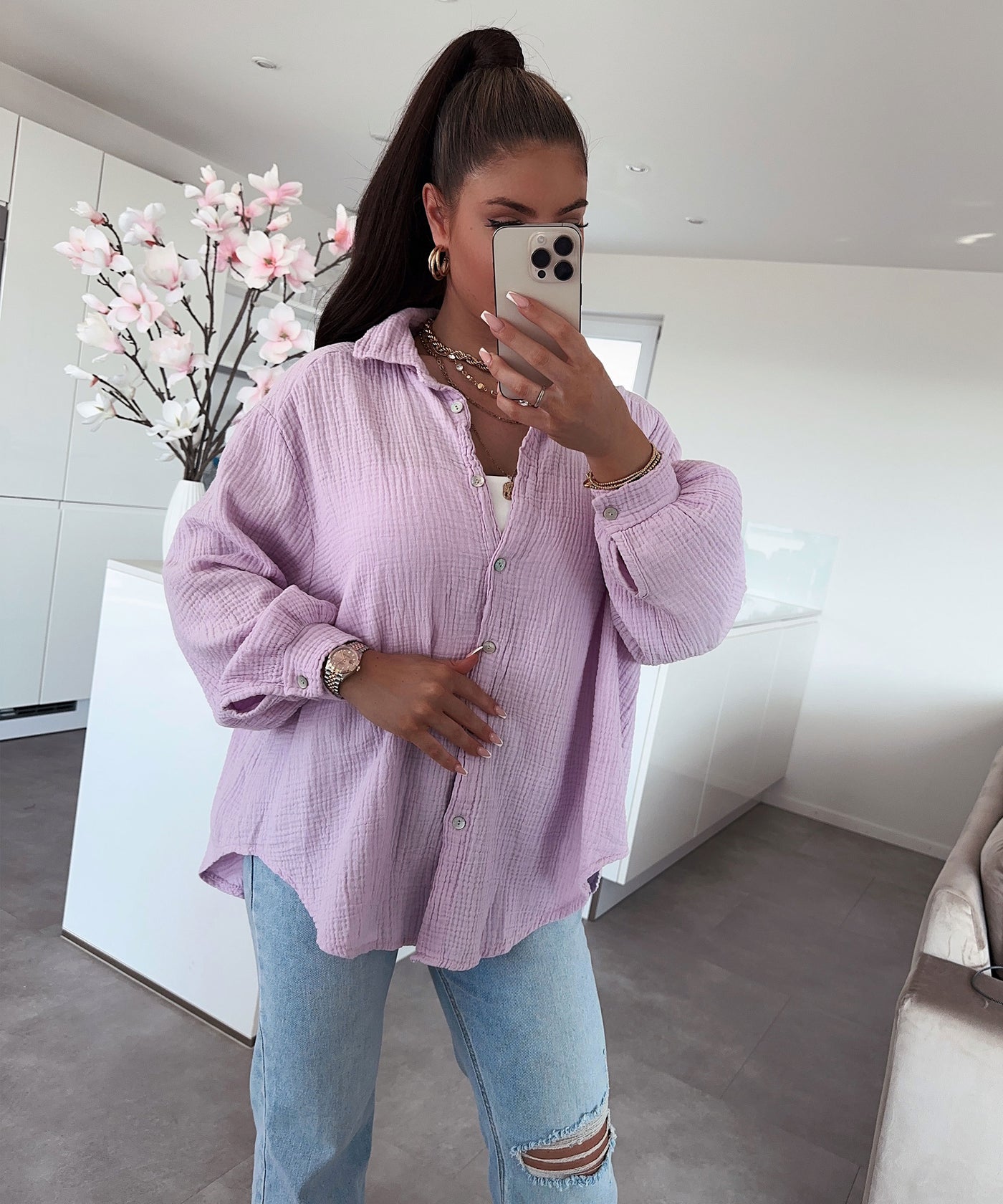 Oversize Musselin Bluse Freya Pastellila Kurz  Ladypolitan - Fashion Onlineshop für Damen   