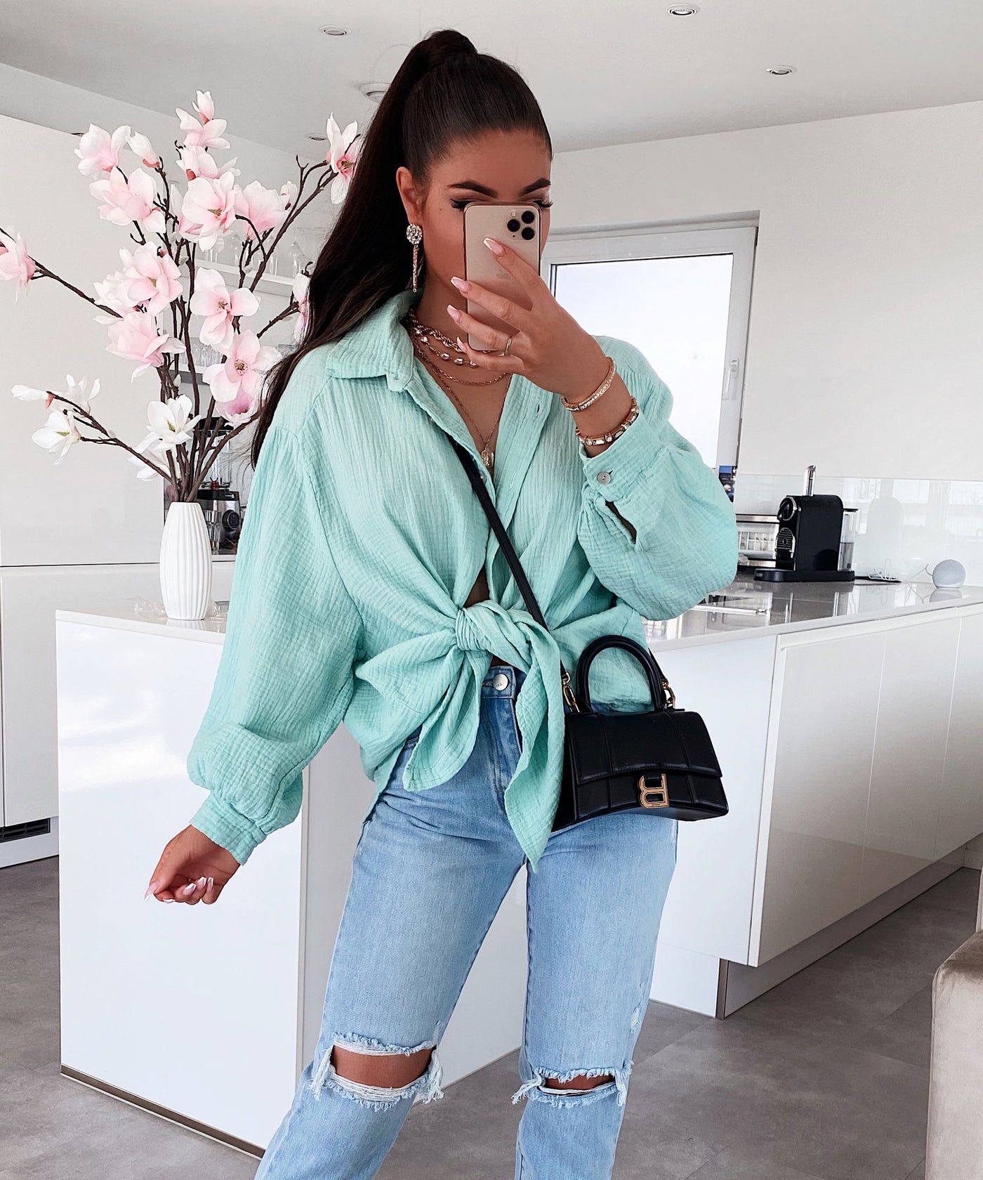 Oversize Musselin Bluse Freya Türkis Kurz  Ladypolitan - Fashion Onlineshop für Damen   